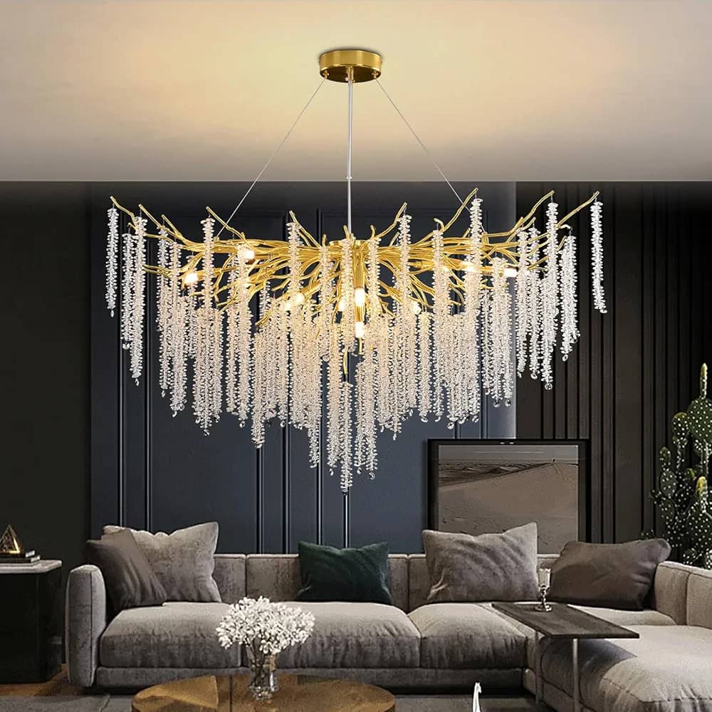 Lustre de plafond rond en cristal doré, branches d'arbre, éclairage de luxe, salle à manger, salon,